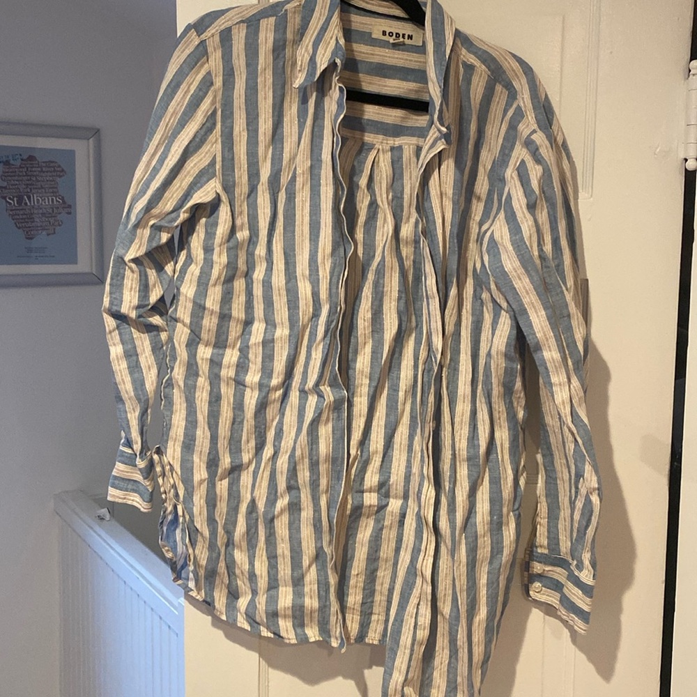 Boden Linen Shirt Womens 6 Striped Long Sleeve Button Up Blouse Blue